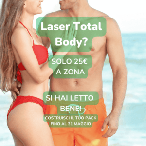 Coppia sorridente in costume da bagno che cammina sulla spiaggia, rappresenta l’ideale estetico post-epilazione laser total body. Immagine promozionale per campagna “Solo 25€ a zona” valida fino al 31 maggio nei centri EpilExpress di Firenze. Sfondo mare e cielo azzurro.