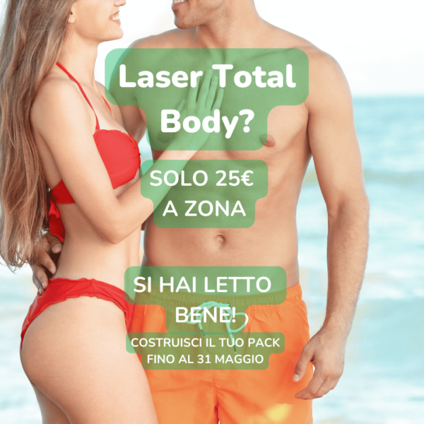 Coppia sorridente in costume da bagno che cammina sulla spiaggia, rappresenta l’ideale estetico post-epilazione laser total body. Immagine promozionale per campagna “Solo 25€ a zona” valida fino al 31 maggio nei centri EpilExpress di Firenze. Sfondo mare e cielo azzurro.