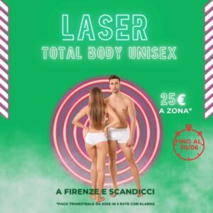 Coppia sorridente in intimo. Immagine promozionale per campagna “Solo 25€ a zona per epilazione laser total body” valida fino al 30 giugno nei centri EpilExpress di Firenze. Sfondo verde