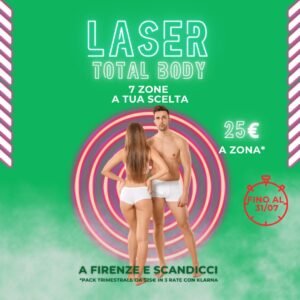 Coppia sorridente in intimo. Immagine promozionale per campagna “Solo 25€ a zona per epilazione laser total body” valida fino al 31 luglio nei centri EpilExpress di Firenze. Sfondo verde