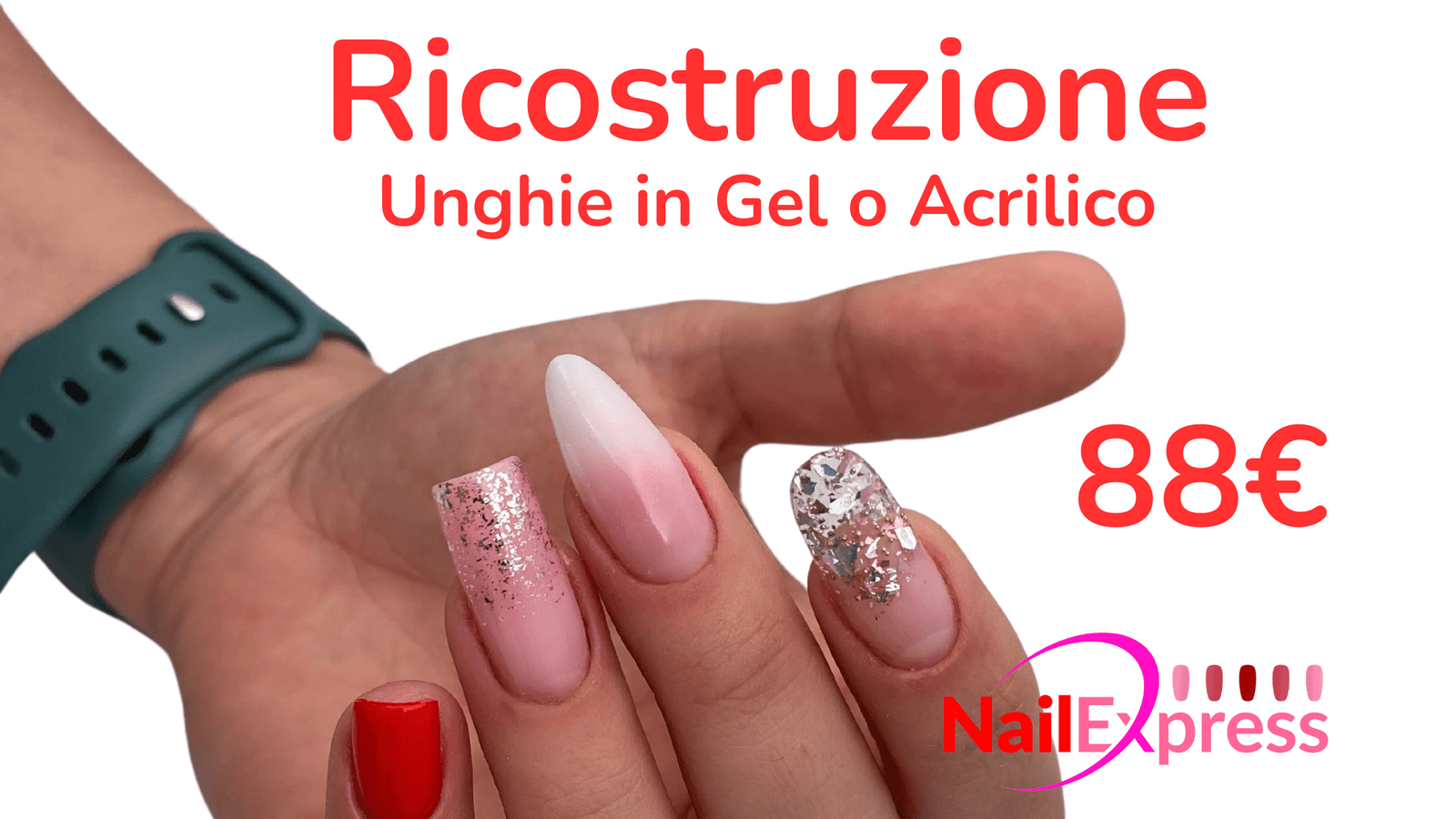 Ricostruzione unghie in gel o acrilico a Firenze – NailExpress – manicure con decorazioni glitter e forme lunghe professionali